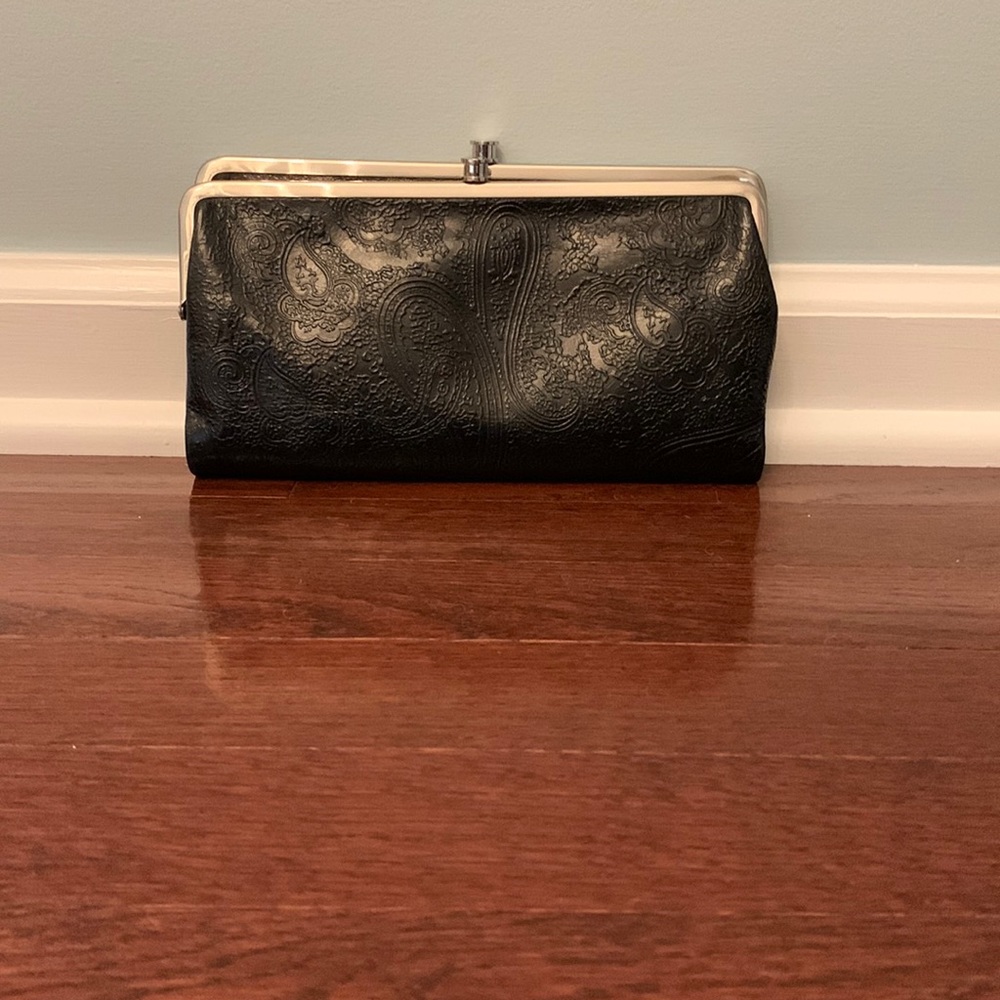 Black leather embossed clutch from Hobo